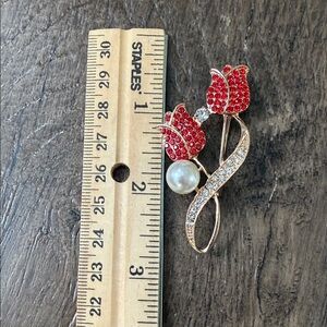 Staple Red Crystal Tulip Brooch with Pearl Accent